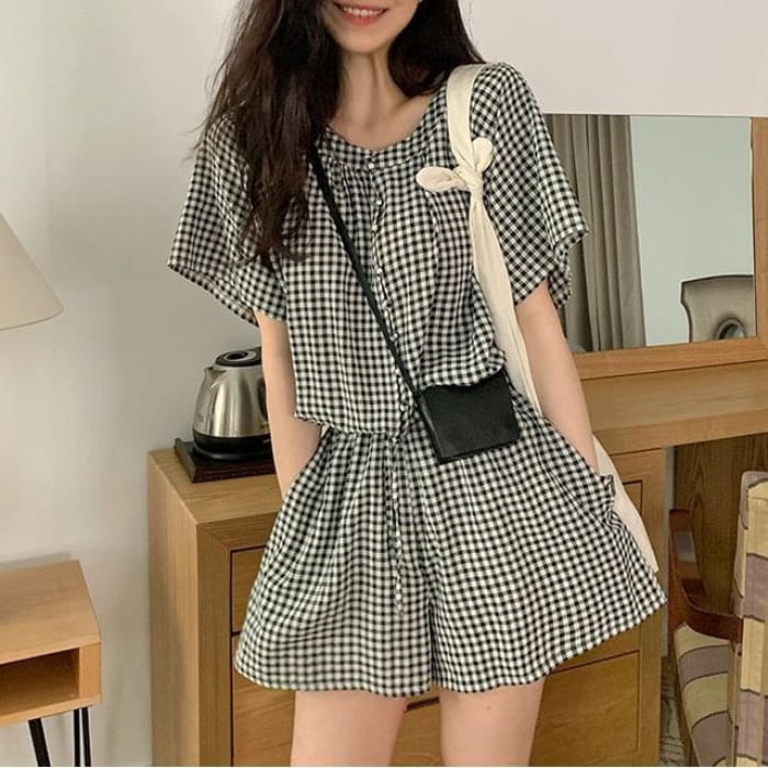 Short-Sleeve Round Neck Plaid Mock Two Piece Button Romper