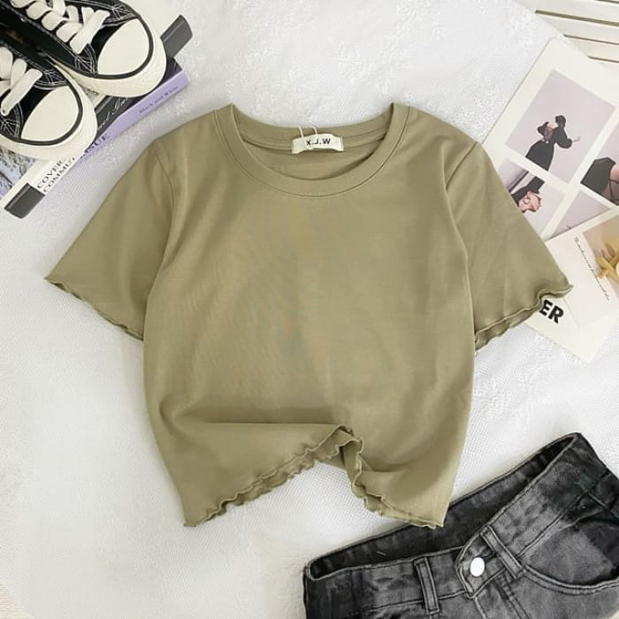 Short-Sleeve Round Neck Plain Lettuce Edge Crop T-Shirt