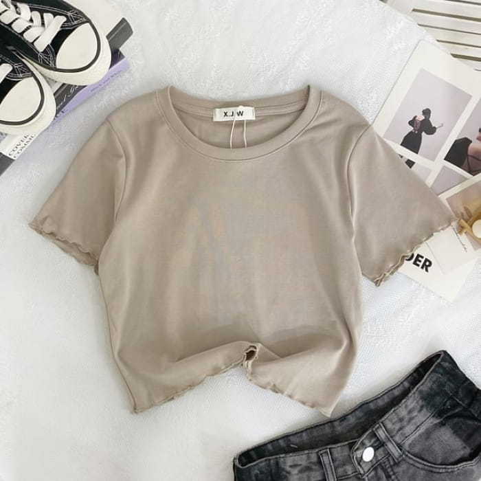 Short-Sleeve Round Neck Plain Lettuce Edge Crop T-Shirt