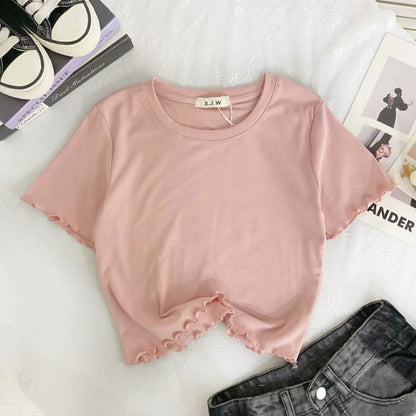 Short-Sleeve Round Neck Plain Lettuce Edge Crop T-Shirt