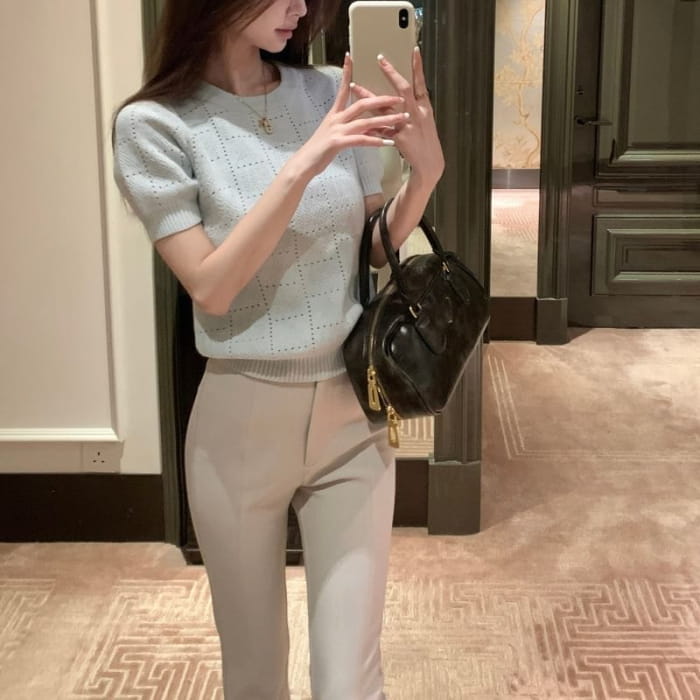 Short-Sleeve Round Neck Plain Pointelle Knit Top