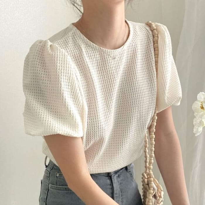 Short-Sleeve Round Neck Plain Waffle Top