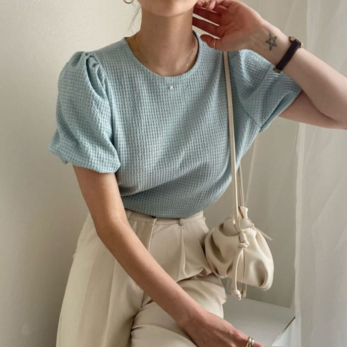 Short-Sleeve Round Neck Plain Waffle Top