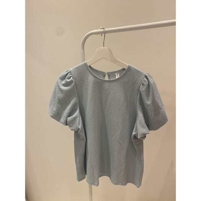 Short-Sleeve Round Neck Plain Waffle Top - Blue / One Size