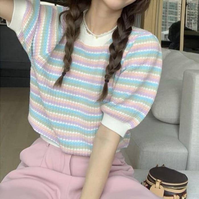 Short-Sleeve Round Neck Striped Knit Top