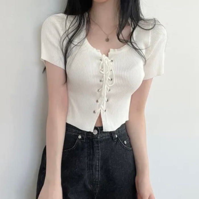 Short-Sleeve Scoop Neck Plain Lace Up Knit Top