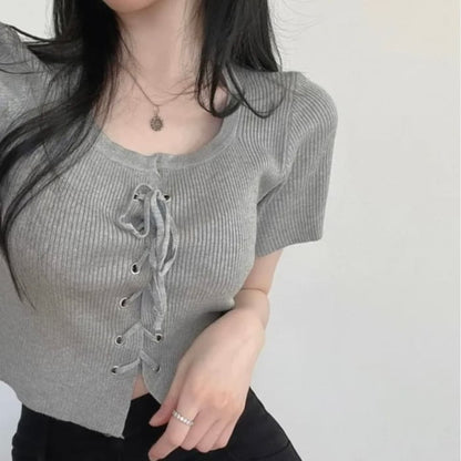 Short-Sleeve Scoop Neck Plain Lace Up Knit Top