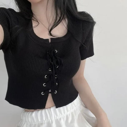 Short-Sleeve Scoop Neck Plain Lace Up Knit Top