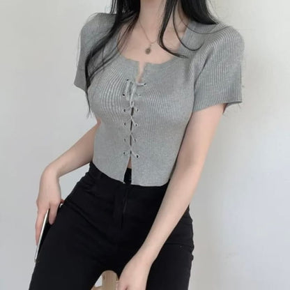 Short-Sleeve Scoop Neck Plain Lace Up Knit Top