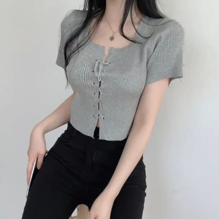 Short-Sleeve Scoop Neck Plain Lace Up Knit Top - Gray