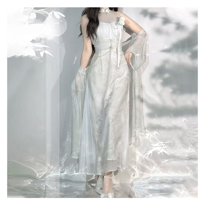 Short-Sleeve Sheer Panel Maxi Sheath Lolita Dress / Light