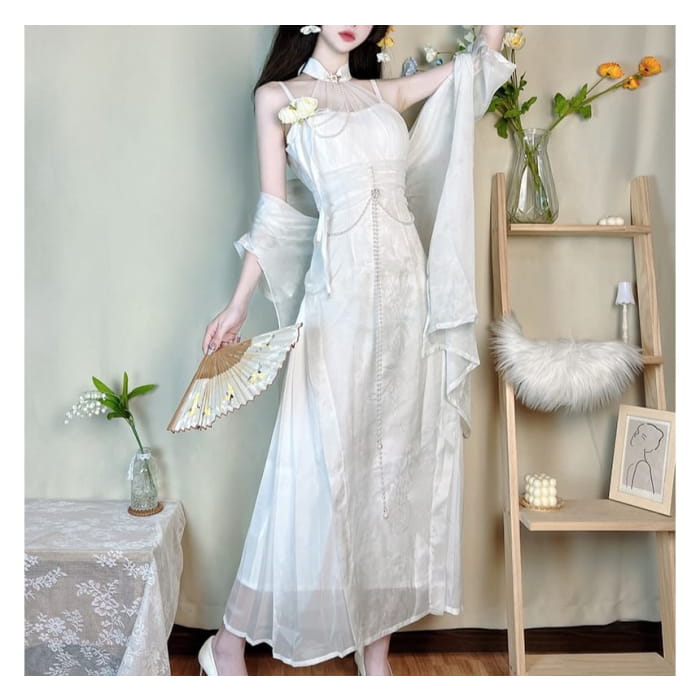 Short-Sleeve Sheer Panel Maxi Sheath Lolita Dress / Light