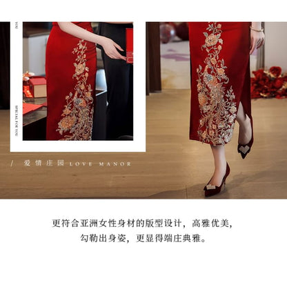 Short-Sleeve Slit Sequin Midi Chinese Wedding Qipao Dress