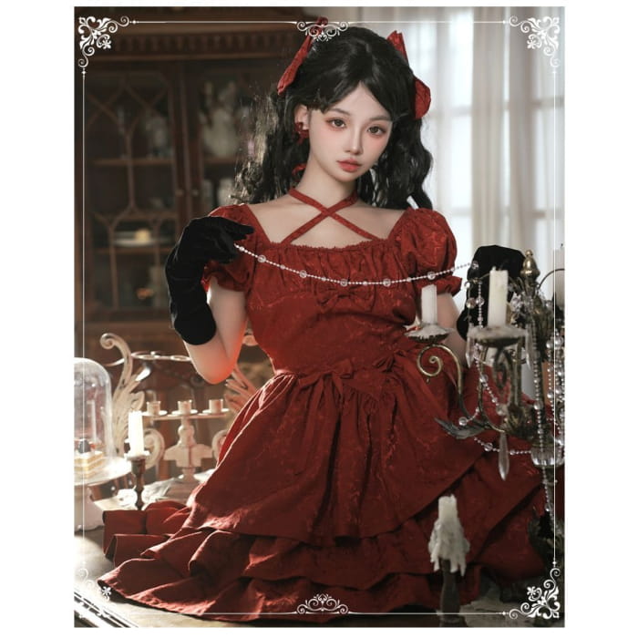 Short-Sleeve Square Neck Bow Floral Lolita A-Line Dress