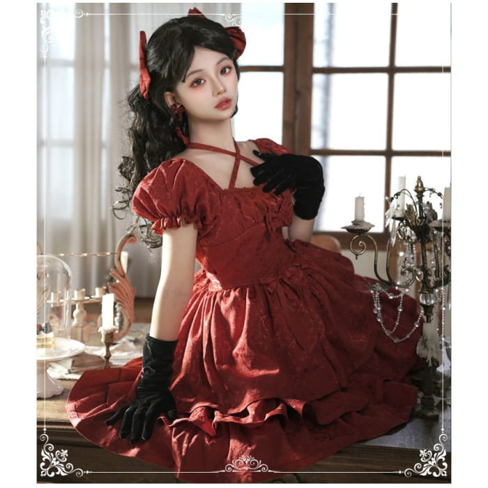 Short-Sleeve Square Neck Bow Floral Lolita A-Line Dress