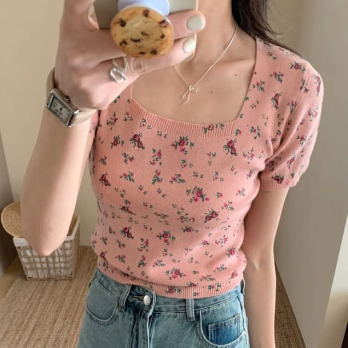 Short-Sleeve Square Neck Floral Tee