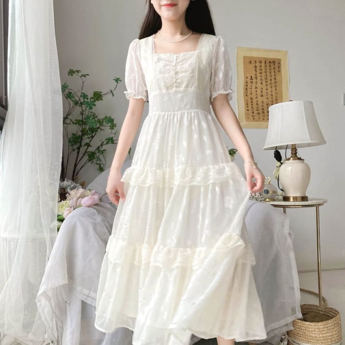 Short-Sleeve Square Neck Patterned Lace Trim Maxi A-Line