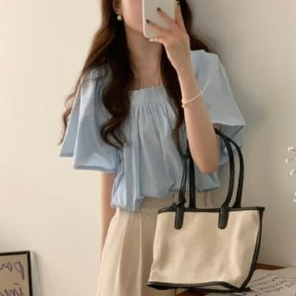 Short-Sleeve Square Neck Plain Blouse - Blue / One Size