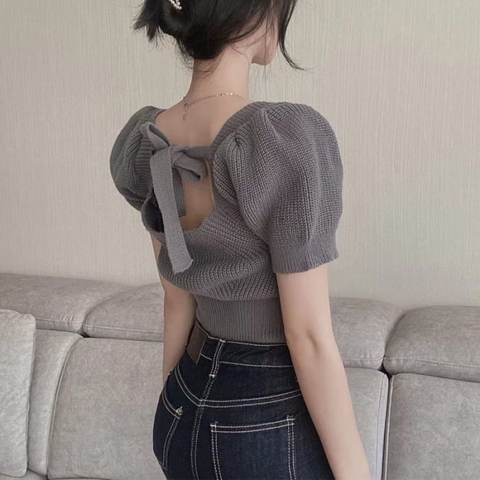 Short-Sleeve Square Neck Plain Bow Back Knit Top