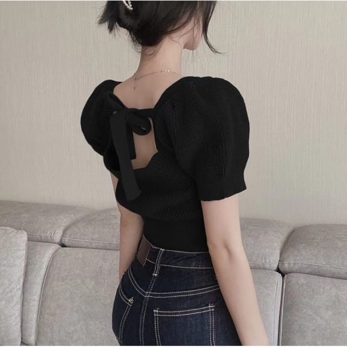 Short-Sleeve Square Neck Plain Bow Back Knit Top - Black