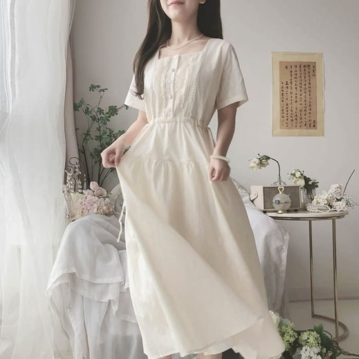 Short-Sleeve Square Neck Plain Lace Trim Midi A-Line Dress