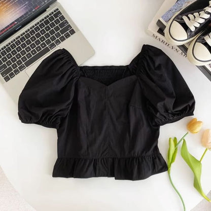 Short-Sleeve Square Neck Plain Ruffle Blouse - Black