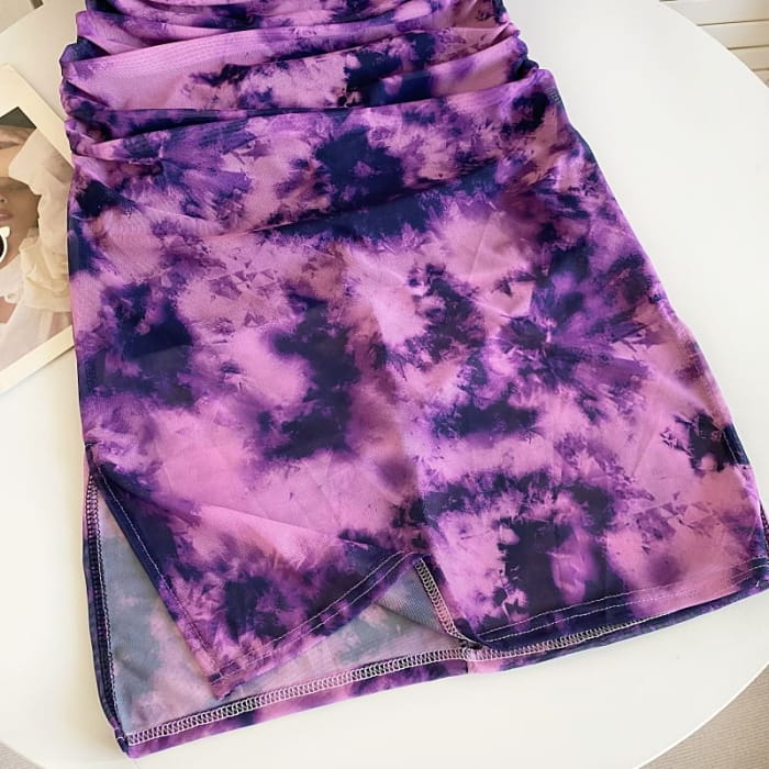 Short-Sleeve Square Neck Tie Dye Ruched Slit Midi Sheath