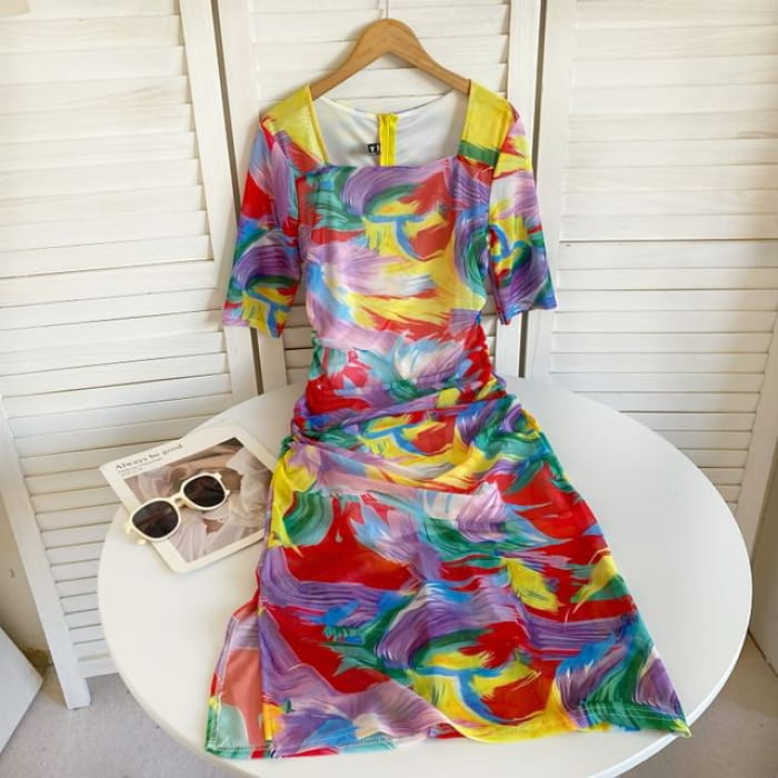 Short-Sleeve Square Neck Tie Dye Ruched Slit Midi Sheath