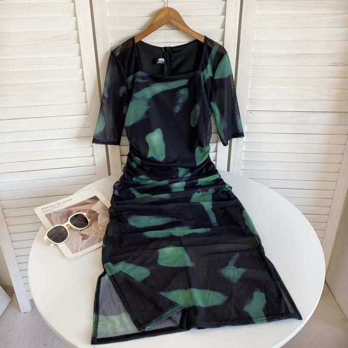 Short-Sleeve Square Neck Tie Dye Ruched Slit Midi Sheath