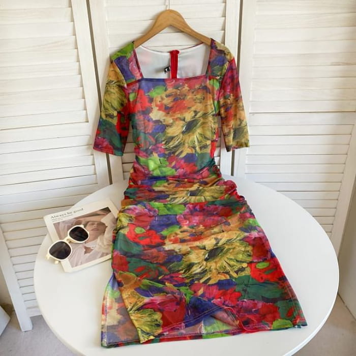 Short-Sleeve Square Neck Tie Dye Ruched Slit Midi Sheath