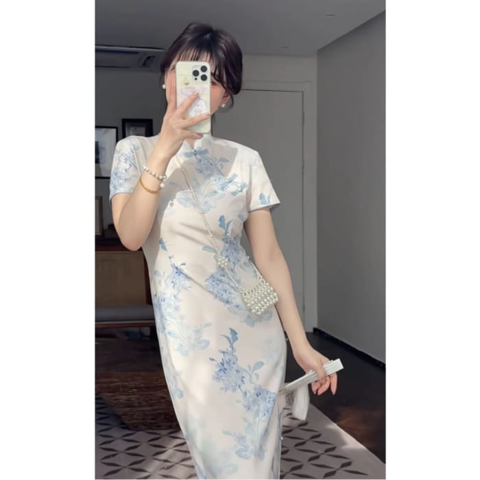 Short-Sleeve Stand Collar Floral Print Frog Buttoned Slit