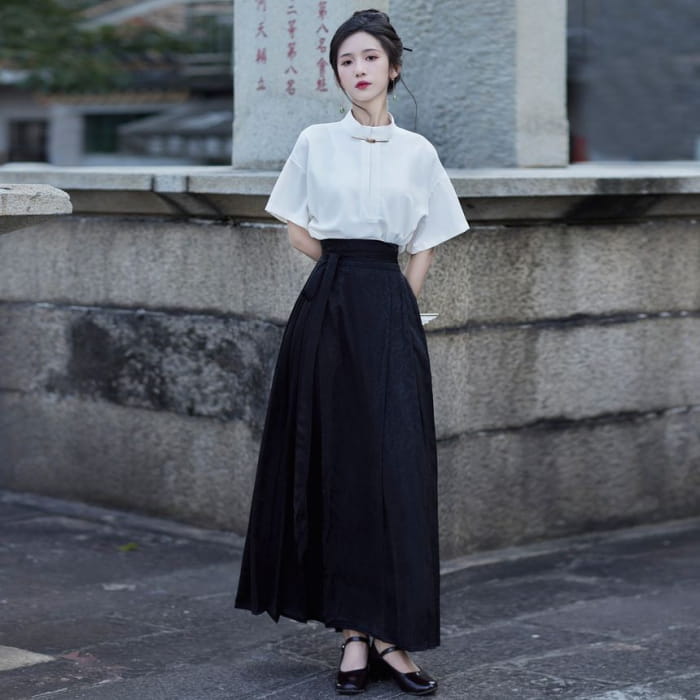 Short-Sleeve Stand Collar Plain Blouse / High Rise Maxi