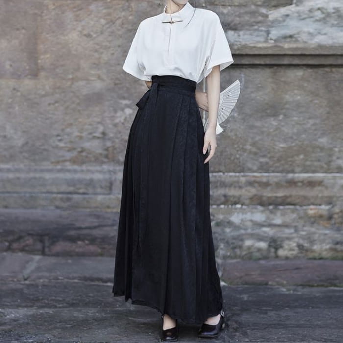 Short-Sleeve Stand Collar Plain Blouse / High Rise Maxi