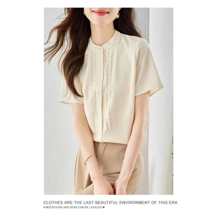 Short Sleeve Stand Collar Ruffle Trimmed Blouse