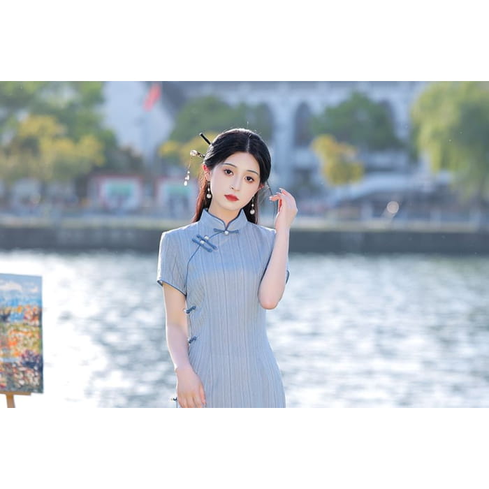 Short-Sleeve Stand Collar Striped Frog Buttoned Slit Midi