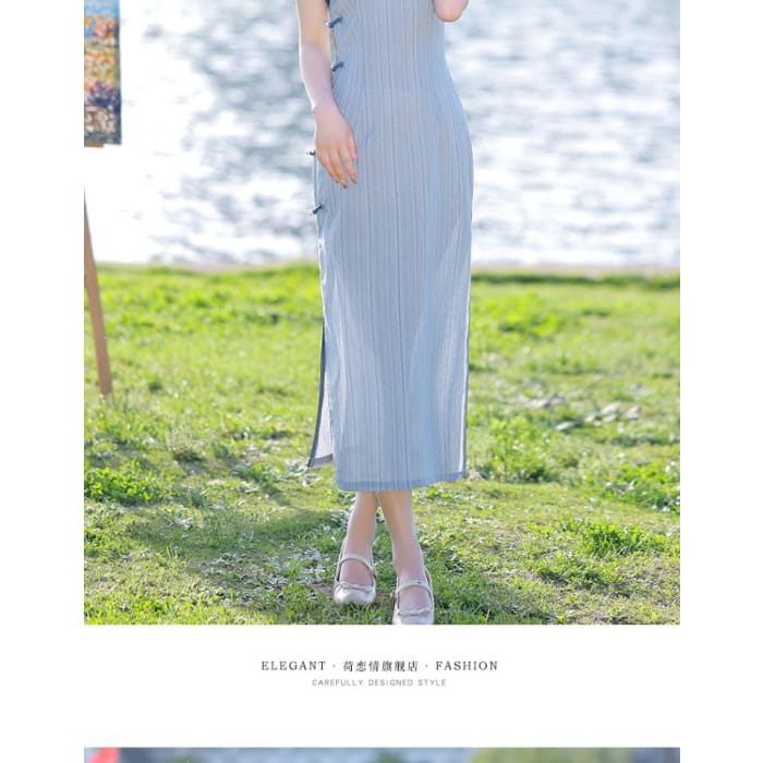 Short-Sleeve Stand Collar Striped Frog Buttoned Slit Midi