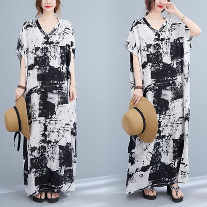 Short-Sleeve Tie-Dye Maxi Oversized T-Shirt Dress - Black &