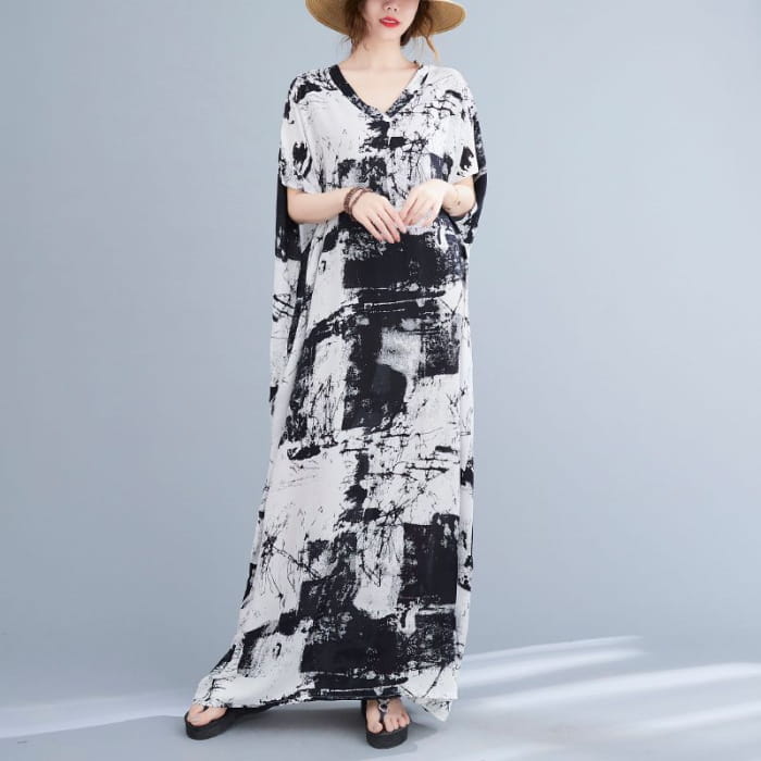 Short-Sleeve Tie-Dye Maxi Oversized T-Shirt Dress - Black &