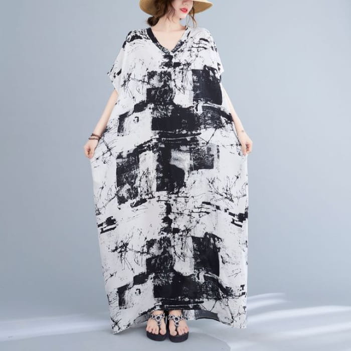 Short-Sleeve Tie-Dye Maxi Oversized T-Shirt Dress - Black &