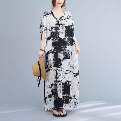 Short-Sleeve Tie-Dye Maxi Oversized T-Shirt Dress - Black &