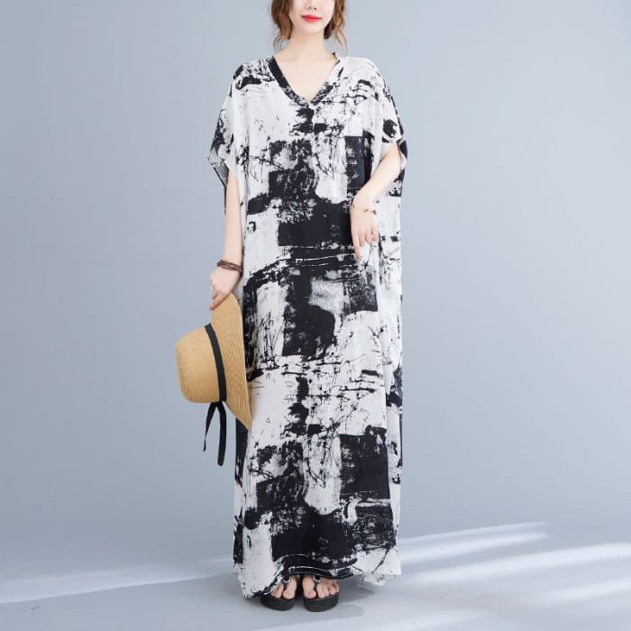 Short-Sleeve Tie-Dye Maxi Oversized T-Shirt Dress - Black &