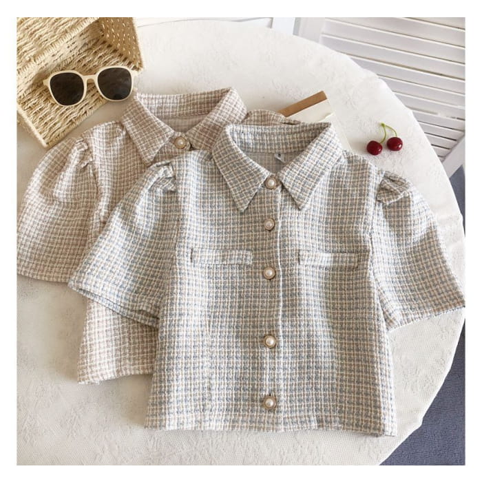 Short-Sleeve Tweed Crop Shirt