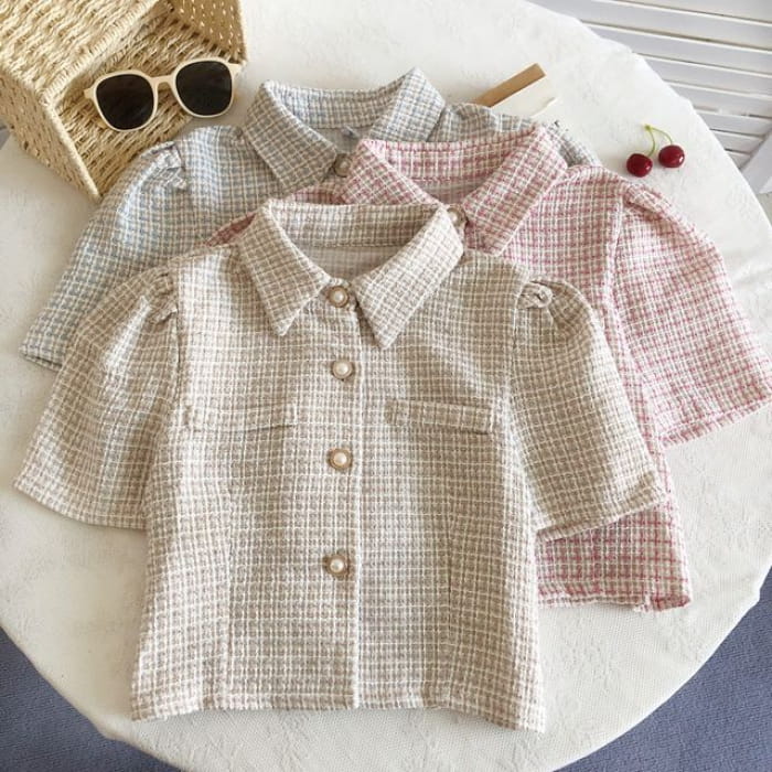 Short-Sleeve Tweed Crop Shirt