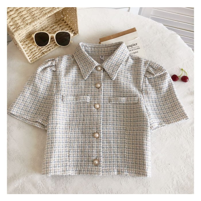 Short-Sleeve Tweed Crop Shirt