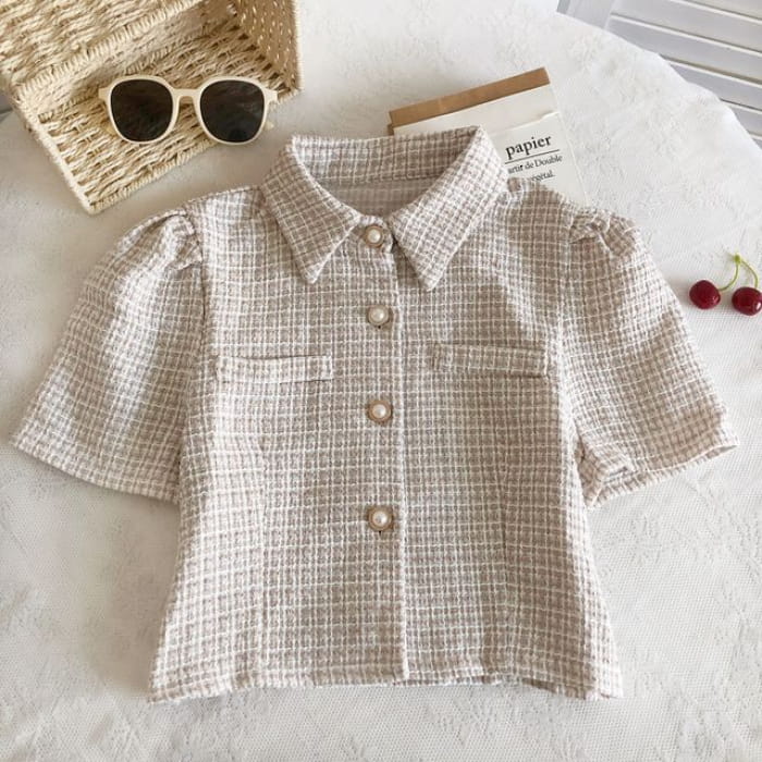 Short-Sleeve Tweed Crop Shirt - Almond / One Size