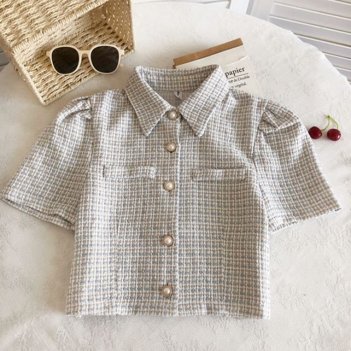 Short-Sleeve Tweed Crop Shirt - Light Blue / One Size