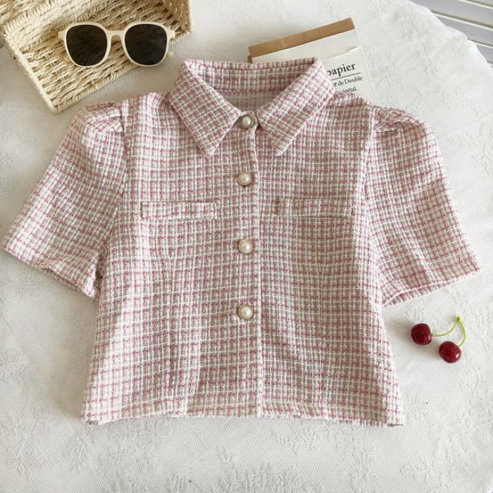 Short-Sleeve Tweed Crop Shirt - Pink / One Size