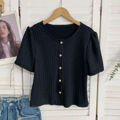 Short-Sleeve V-Neck Button-Up Top - Black / One Size