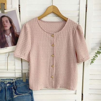 Short-Sleeve V-Neck Button-Up Top - Pink / One Size