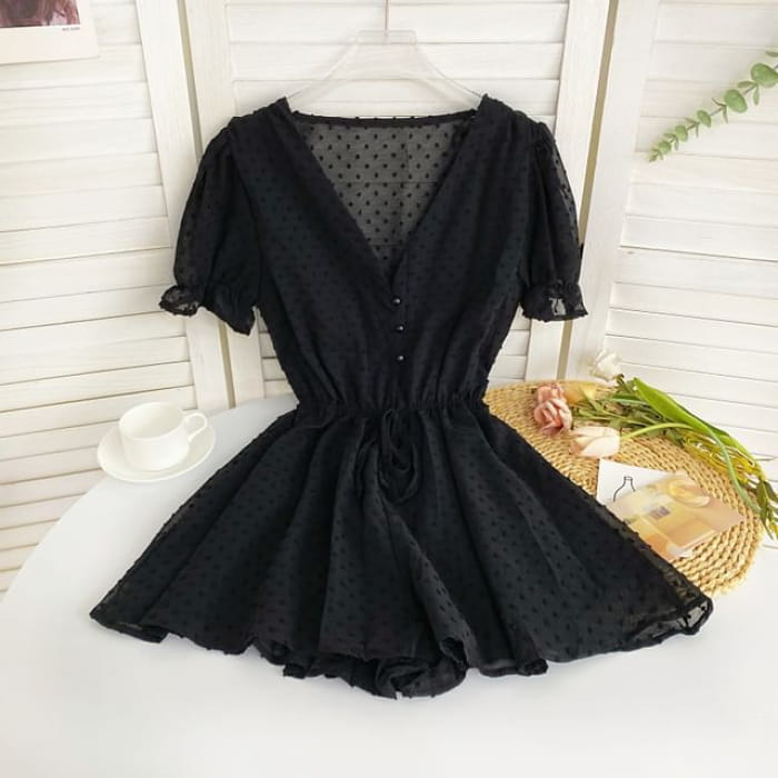 Short-Sleeve V-Neck Dotted Drawstring Waist Romper - Black